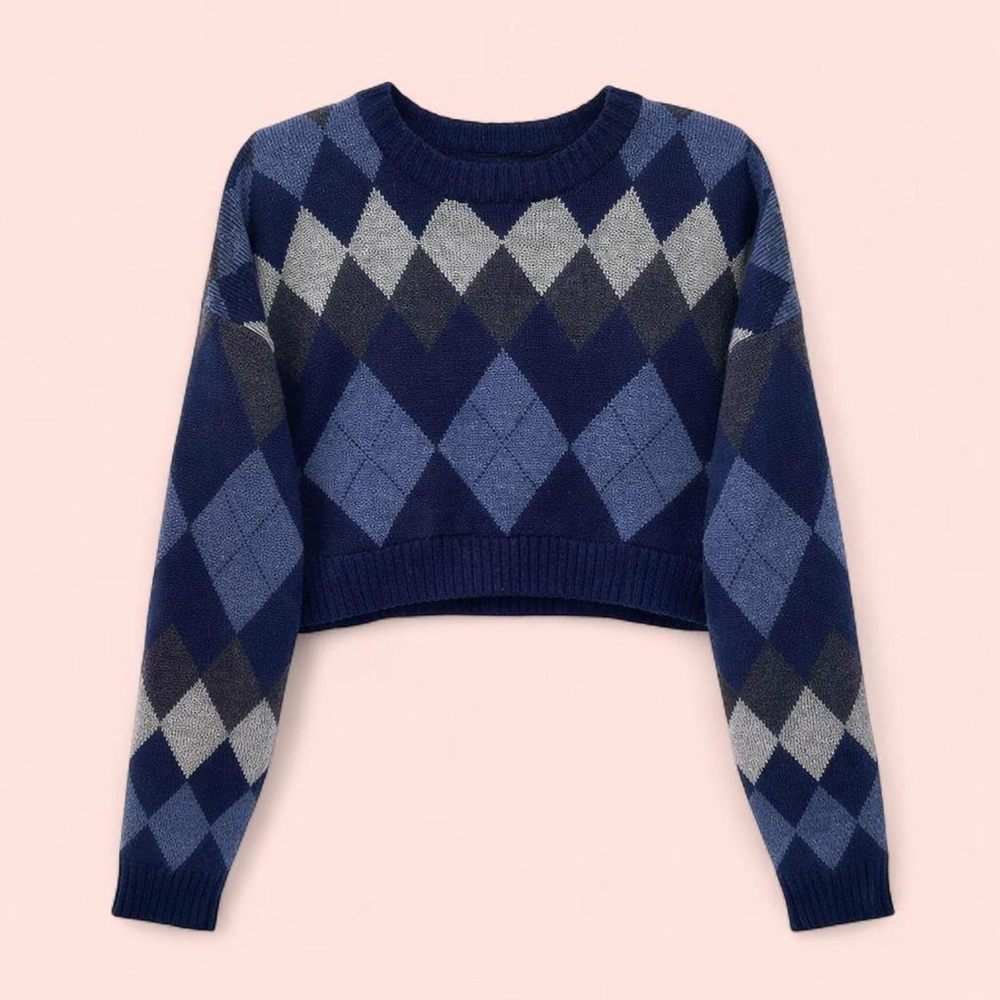 Argyle Patterned Navy Cropped Sweater - image 2